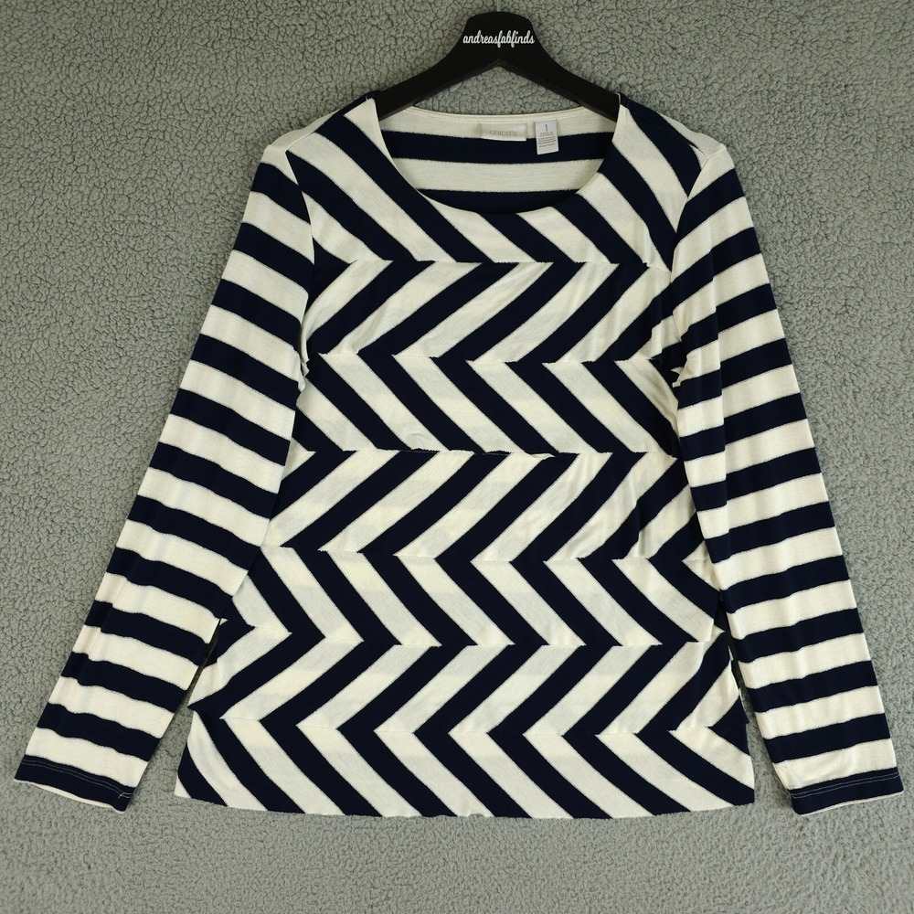 Chicos Top Womens 1 US M White Blue Metallic Chevron Striped Ruffled Long Sleeve